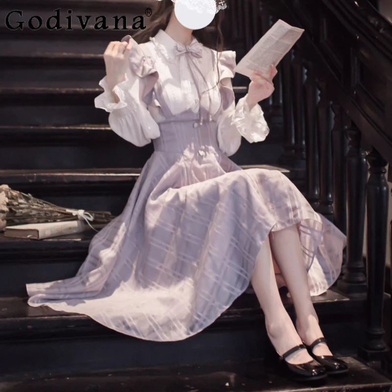 

Spring Summer Sweet Japanese Long Sleeve Lace Peter Pan Collar Bottoming Shirt Fashion High Waist A-line Versatile Strap Dress