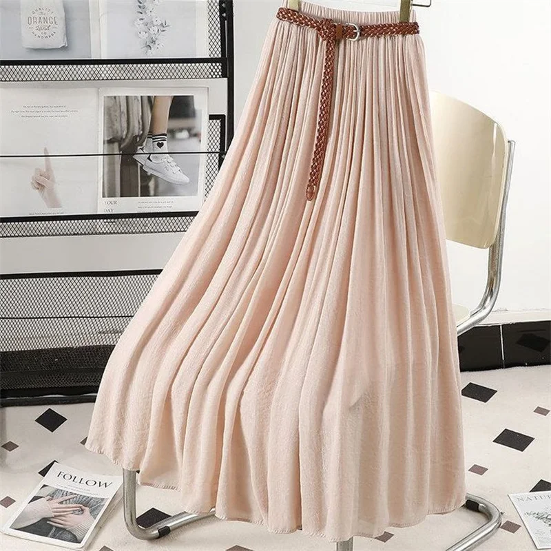 Summer Women Medium Length Splicing A-line Skirts Femme Cotton Linen Maxi Skirt Retro Lady Fashion High Waist Pleated Long Skirt