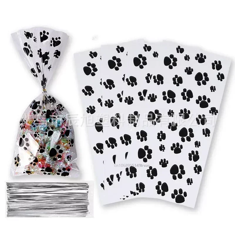 10/50 Pcs Paw Print Cellophane Bags Heat Sealable Treat Candy Bags Dog Cat Gift Bags with Twist Ties Birthday Party Favor Supply