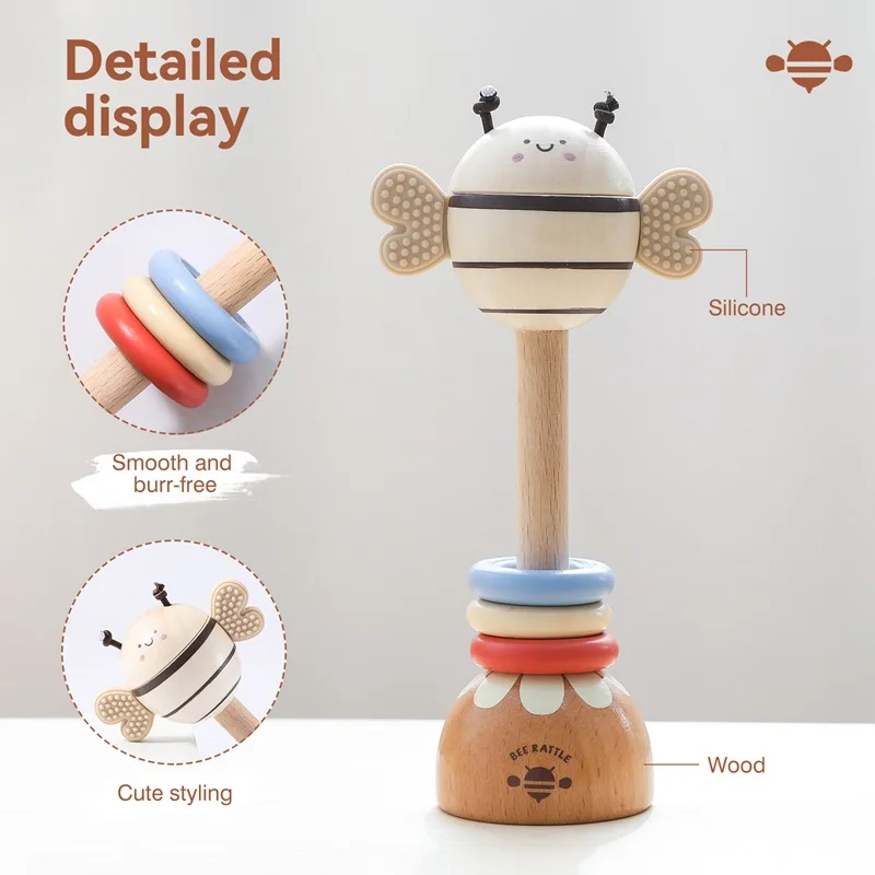 Nouveau Hochet bébé en bois bébé saisir éducation précoce hochet apaisant amusant abeille hochet