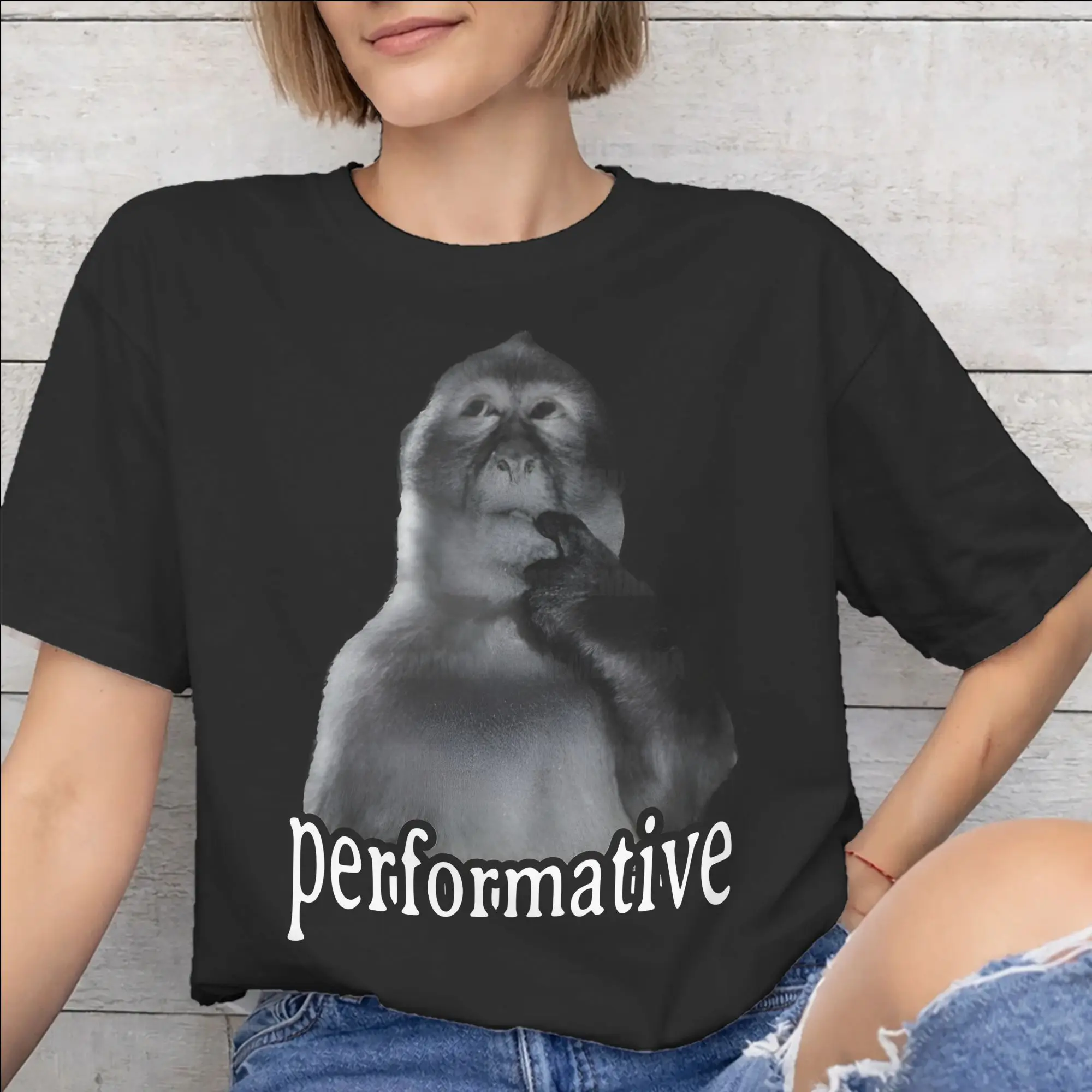 Thinking Monkey Meme  Tee Shirt for Men Women New Arrival T Shirts  100% Cotton Clothing