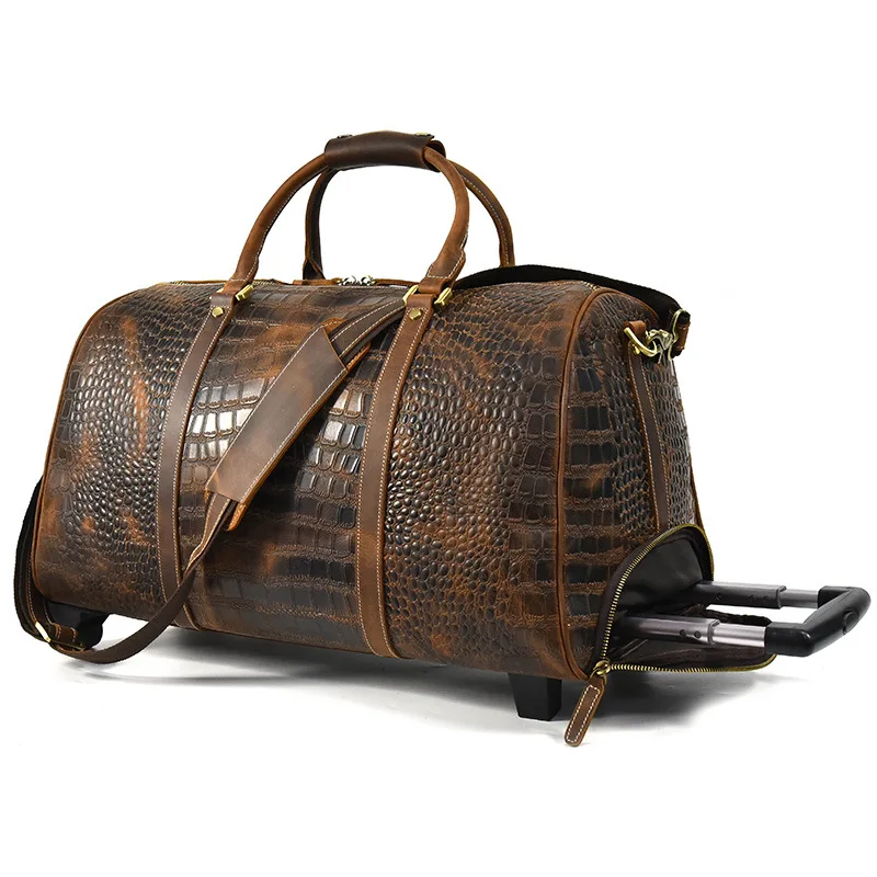 

Genuine leather hand laugage travel bag with wheels men women travel bag rolling duffle bags with rollers handbags