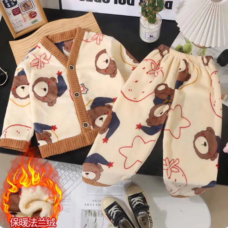 

Детские комплекты с мягкой подкладкой, утепленный костюм для мальчиков, фланелевая пижама для девочек, зимний теплый топ, штаны, осенняя детская одежда из 2 предметов с героями мультфильмов