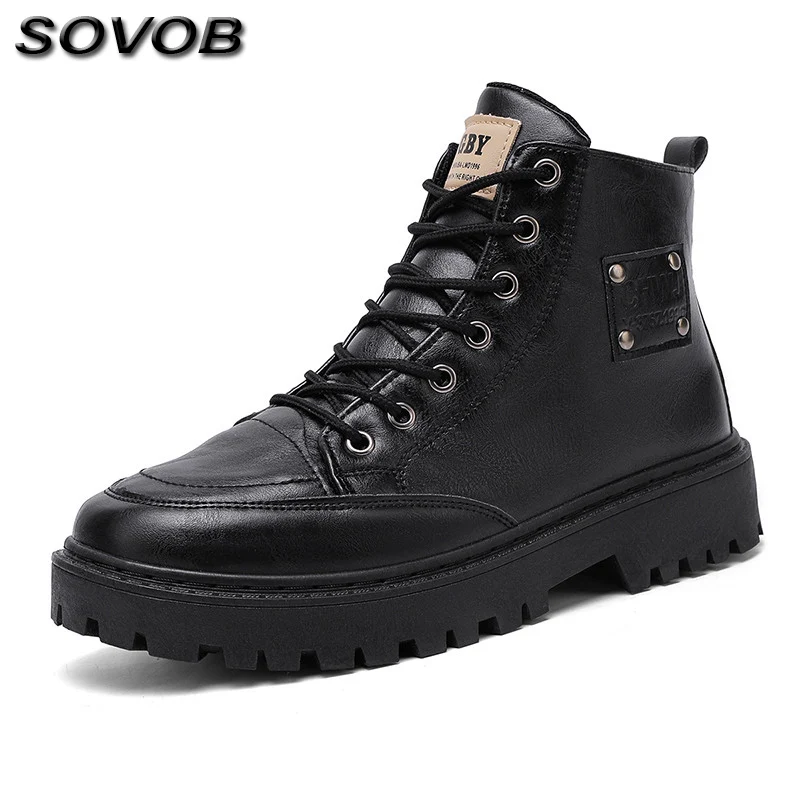 

New Arrivals Black Men's Biker Boots British Style Leather Ankle Boots For Men Comfort Platform Lace-Up High Top Shoes Men Boots