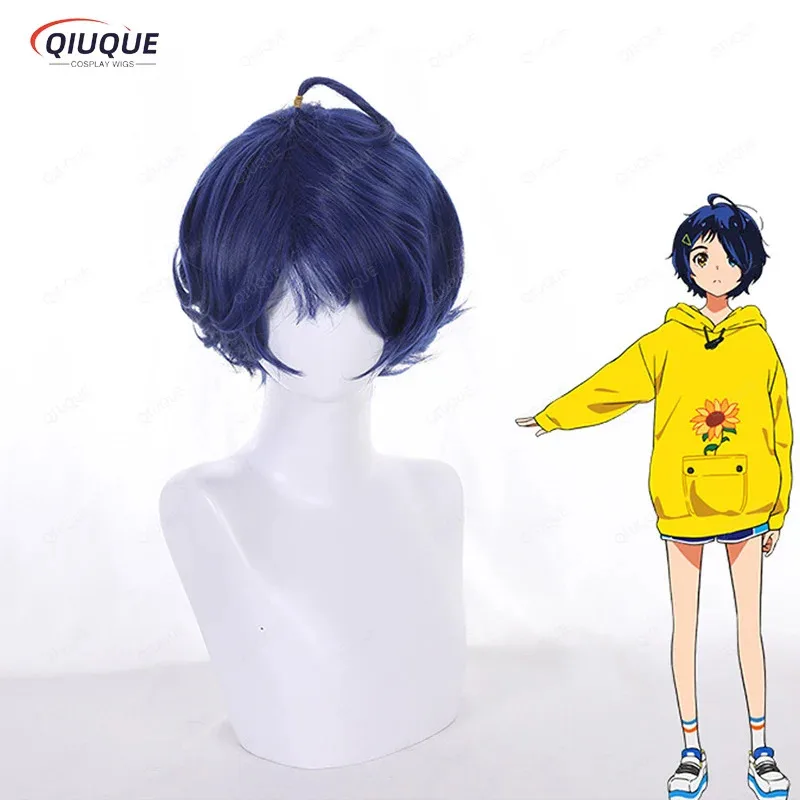 Wonder Egg Priority Ohto Ai 코스프레 가발 블루 짧은 내열성 합성 머리 가발 + 가발 모자