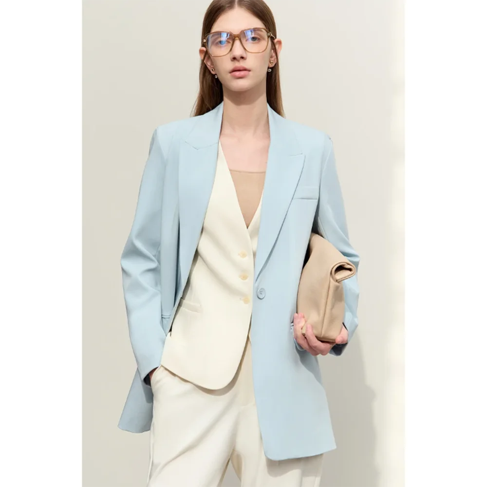 

Elegant High Quality Women Suit 3 Piece Light Blue Jacket Beige Vest Pants Female Clothing Slim Fit Office Lady Blazer Set