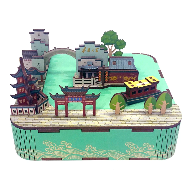 DIY 3D Wooden Qinhuai River Town Music Box Miniature Model Kits Jigsaw Puzzles Can Move for Children Birthday Gifts Home Decor