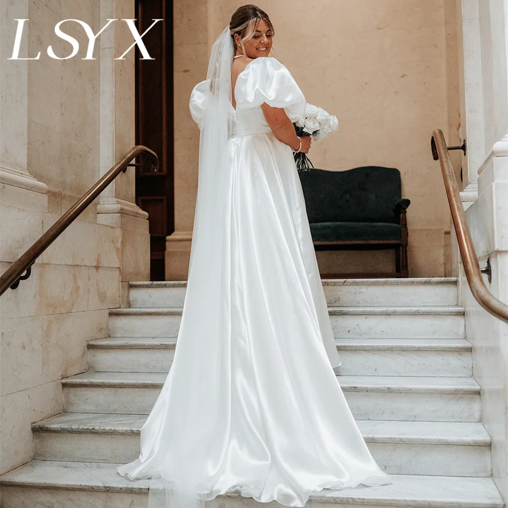 LSYX Simple V-Neck Puff Sleeves Satin A-Line White Wedding Dress For Women Zipper Back Floor Length Bridal Gown Custom Made