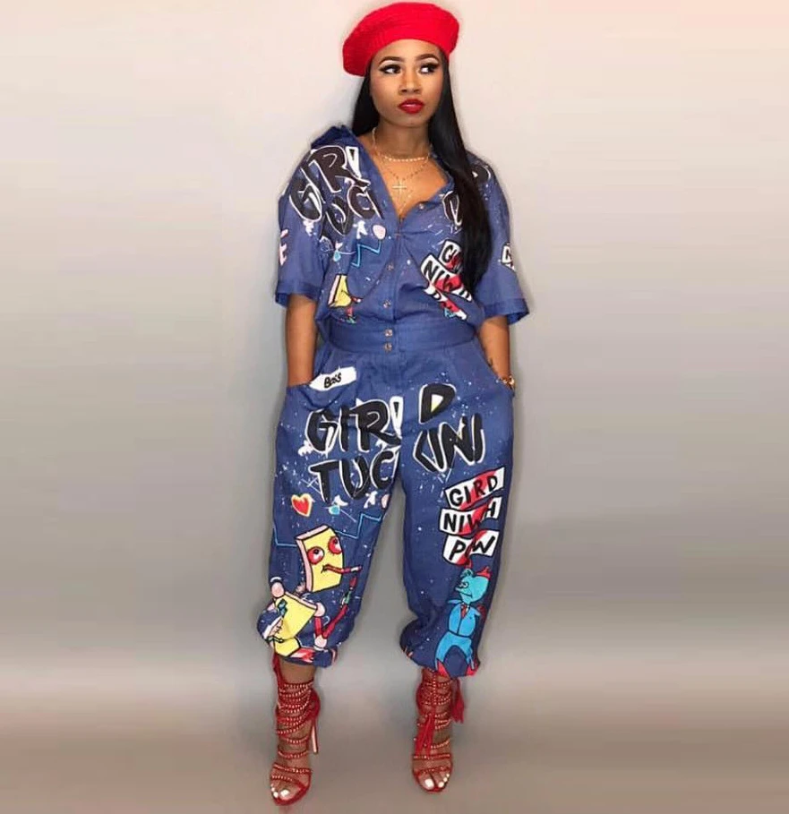 

Summer Letter Printing Street Casual Jumpsuit Women Fashion Printed Button Down Baggy Pants Jumpsuits Women