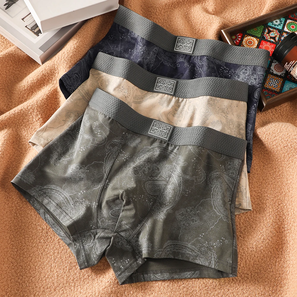 

3 шт./упак., хлопковое нижнее белье с винтажным принтом для мужчин, гигроскопические дышащие сетчатые боксеры с высоким эластичным поясом, мужские трусы