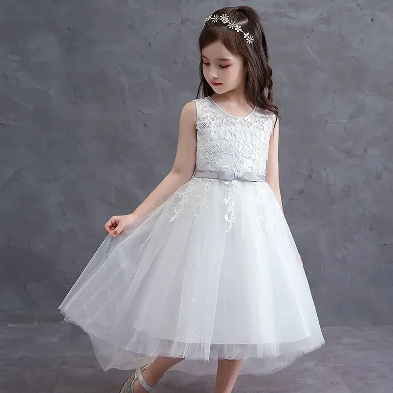 Vestido de novia blanco para niños, falda de princesa, ropa para niños, vintage, sin mangas, cintura alta, esponjoso, Primavera, 2022