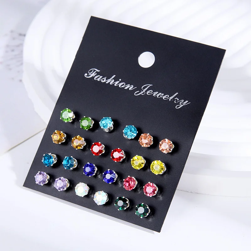 12 Pairs Shiny Zircon Stud Earrings Set for Women Men Daily Versatile Chic Silver Color Crystal Ear Jewelry Accessories