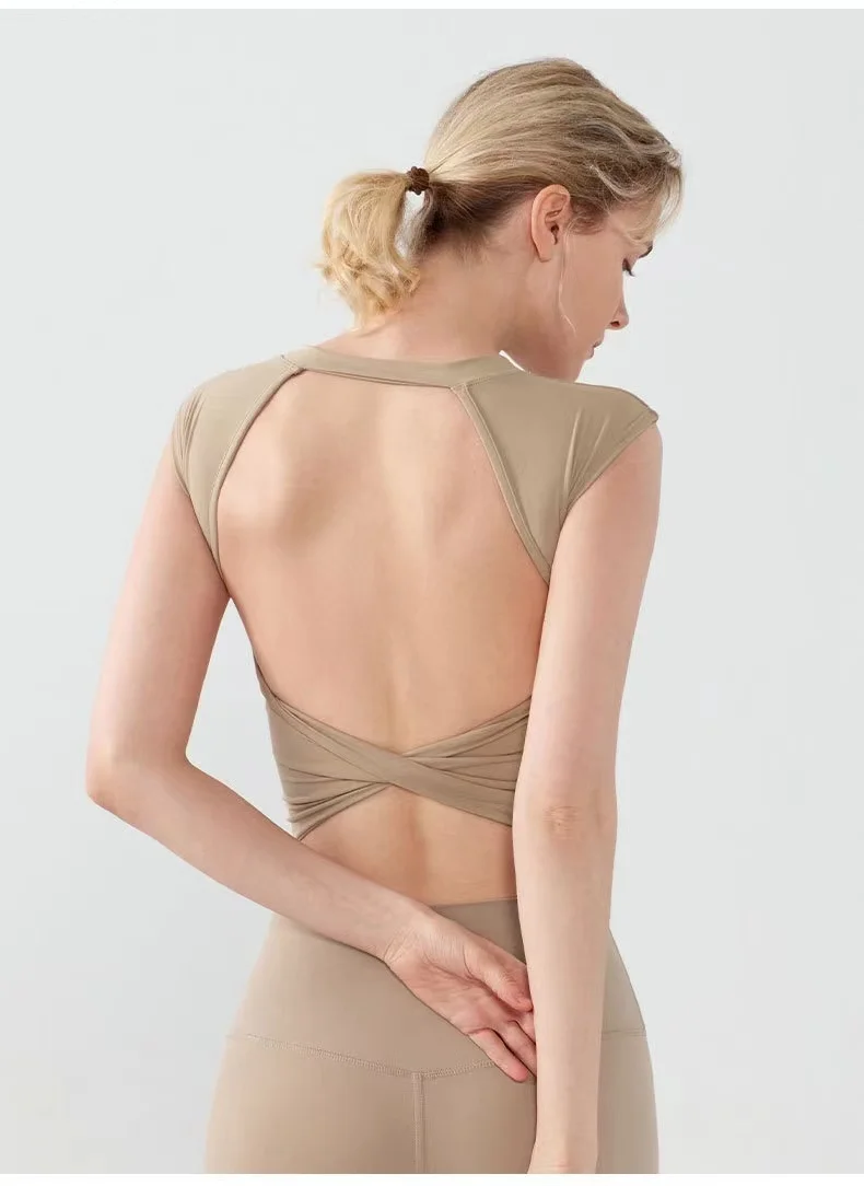 Rückenfreies Sporttop für Damen im Sommer, stoßfeste Pilates-Yoga-Anzüge für kurzärmelige, schnelltrocknende Fitnessanzüge. – Detail 5