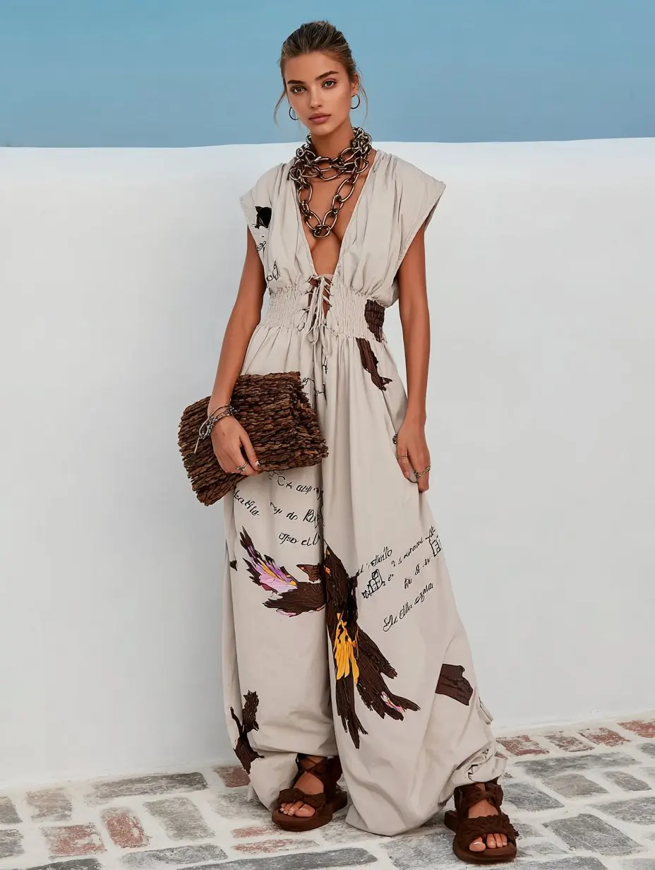 

Mia Muse Select Autumn Jumpsuits 2025 Women's Graphic Printing Short Sleeve V-Neck Lace-Up Wide Leg Streetwear Jumpsuits