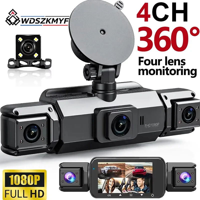 360° Dash Cam 1080P 3/4 Channels Car DVR Dashboard Camera 24H Parking Monitor Front Rear Inside Car Video Recorder G-Sensor