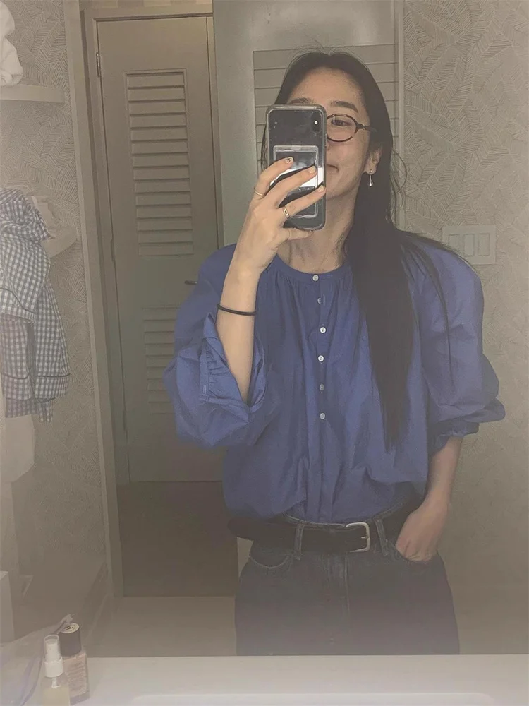 

Sweet Early Autumn Loose Pure Color Lantern Sve irt Women's f Button Design Soft Comfortable Breathable Long Sve