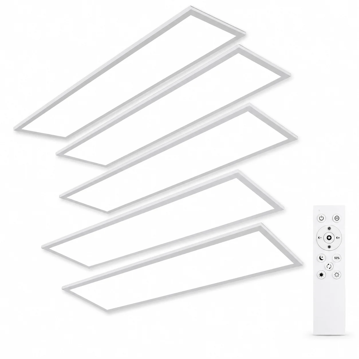 5 Stück LED-Deckenleuchten, 120 x 30 cm, 40 W, 4400 lm, dimmbar mit Fernbedienung, 3000 K–6500 K, mit Speicherfunktion.