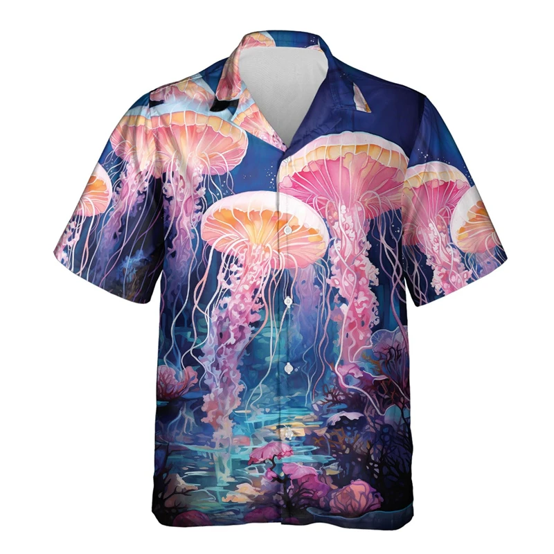 

Neon Jellyfish Graphic Beach Shirts Beautiful Seanimal 3D Printed Shirt For Men Clothes Casual Women Lapel Blouse Cute Male Tops