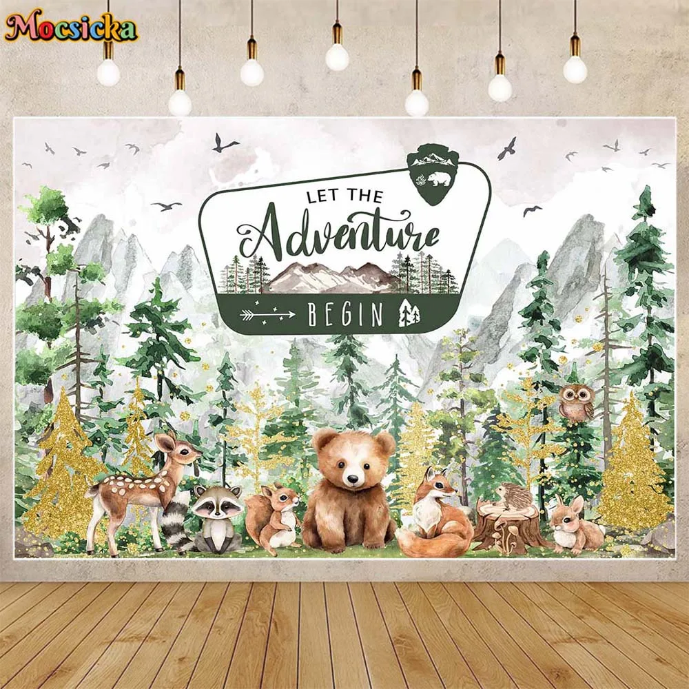 

Mocsicka Let's The Adventure Begin Photo Background Forest Wild Animal Baby 1st Birthday Party Decor Backdrop Photo Studio Props