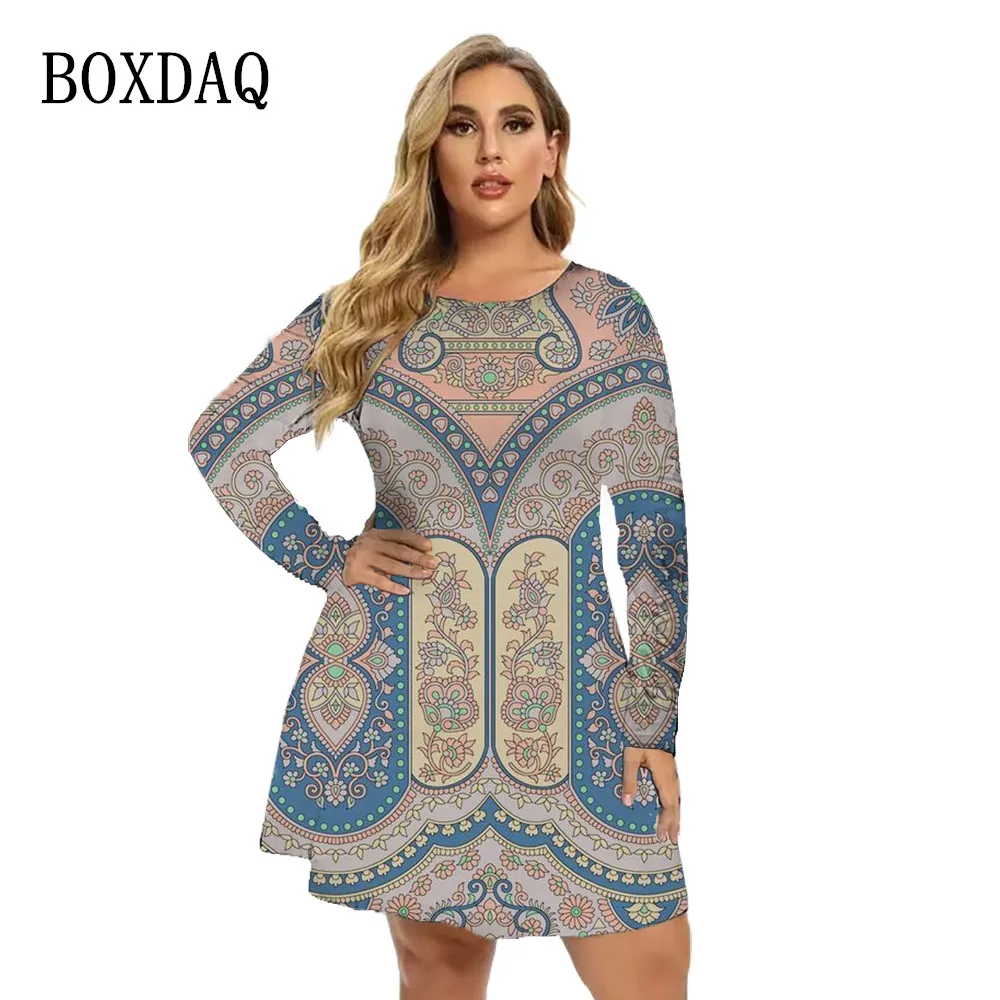 2022 Autumn Women Dresses Vintage Ethnic Style Loose A-Line Dress Casual Long Sleeve O-Neck Print Mini Dress Plus Size 5XL 6XL