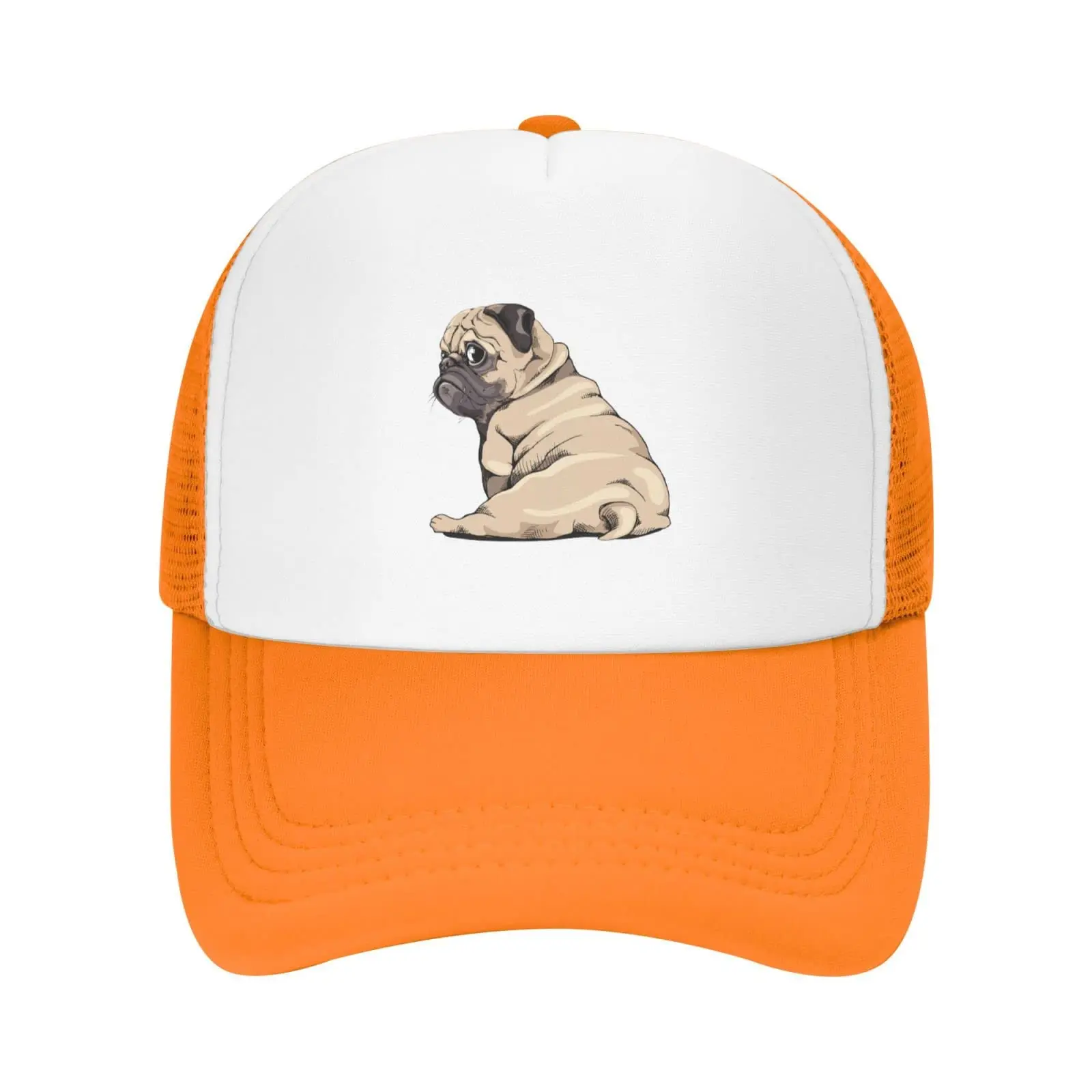 

Mesh Dad Hat Adjustable Washed Cute Pug Dog Orange Baseball Dad Cap Funny Distressed Ball Trucker Cap for Women Men Unisex