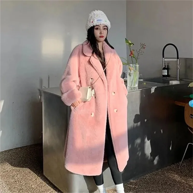 Women Mink Faux Fur Coat Solid Female Turn Collar Winter Fur Jacket Lady Thicken Cotton Padded Parkas Long Warm Fur Overcoat