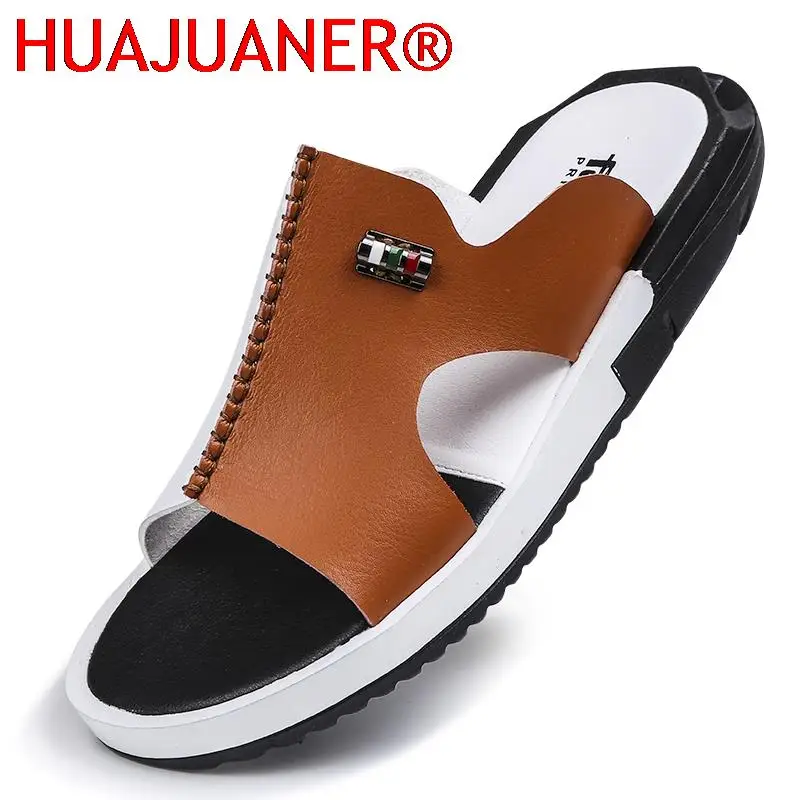 

HUAJUANER Sandals Men Summer Slippers Fashion Peep Toe PU Flip Flops Shoes Male Outdoor Non-slip Flat Beach Slides Big Size