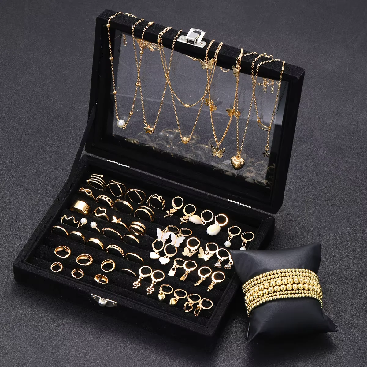 65Pcs Vintage Boho Gold Color Jewelry Set For Women Fashion Butterfly Star Heart Pearl Zircon Earring Ring Necklace Bracelet Set view 5