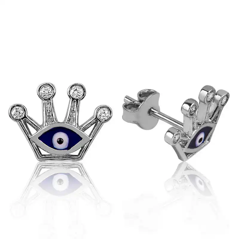 Silver Evil Eye Queen Crown Studded Earrings 925 Sterling Women for Jewelry Wedding Party Birthday Gift - Box - Fashion - Girl - Special Days