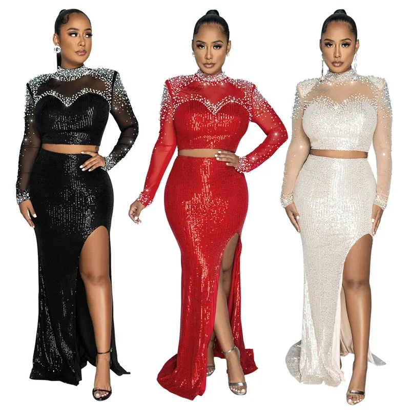 Znaiml Luxury Mesh Patchwork Crop Top+ Long Skirt Dress Set for Women Birthday Sparkly Diamonds Pearls Sequins Two Piece Outfits