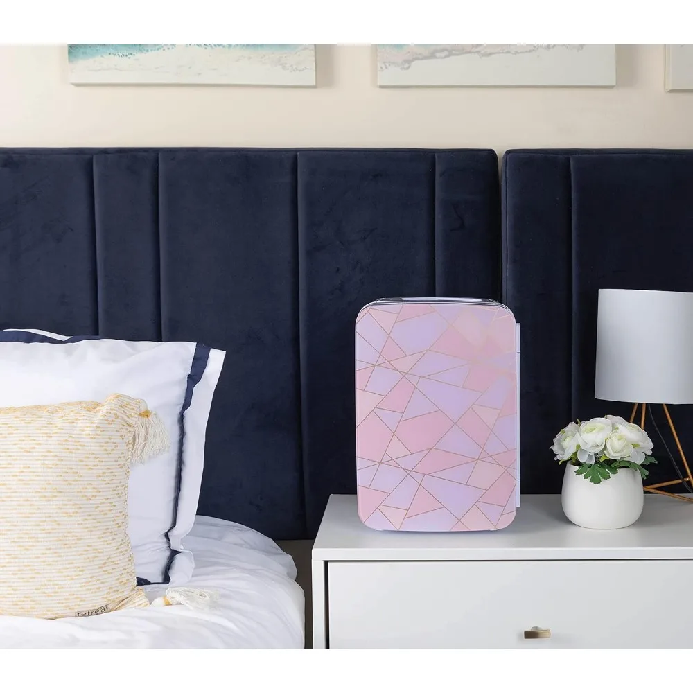 10-Liter-Minikühlschrank für Schlafzimmer – Schlafsaal, 12 V, tragbarer Kühler, wärmer, Lebensmittel, Getränke, Hautpflege, mit Glasfront, Fraktalrosa