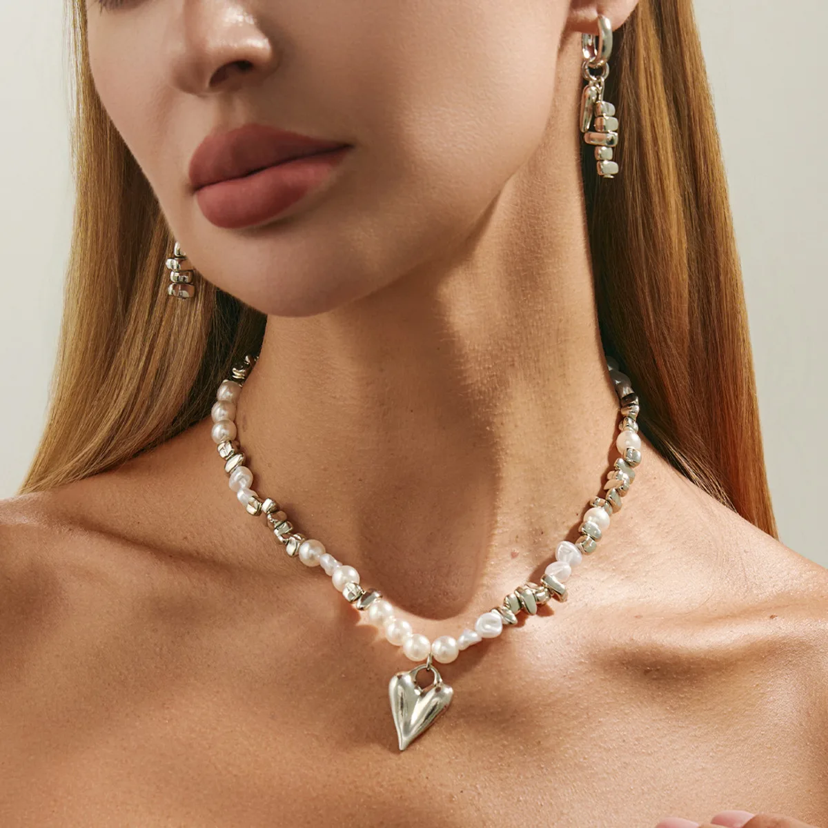 

KunJoe Elegant Imitation Pearl Choker Necklace Earrings Jewelry Set for Women Acrylic Bead Chain Love Heart Pendant Necklace