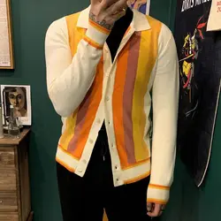 Simple and stylish rainbow striped color block sweater jacket lapel sweater