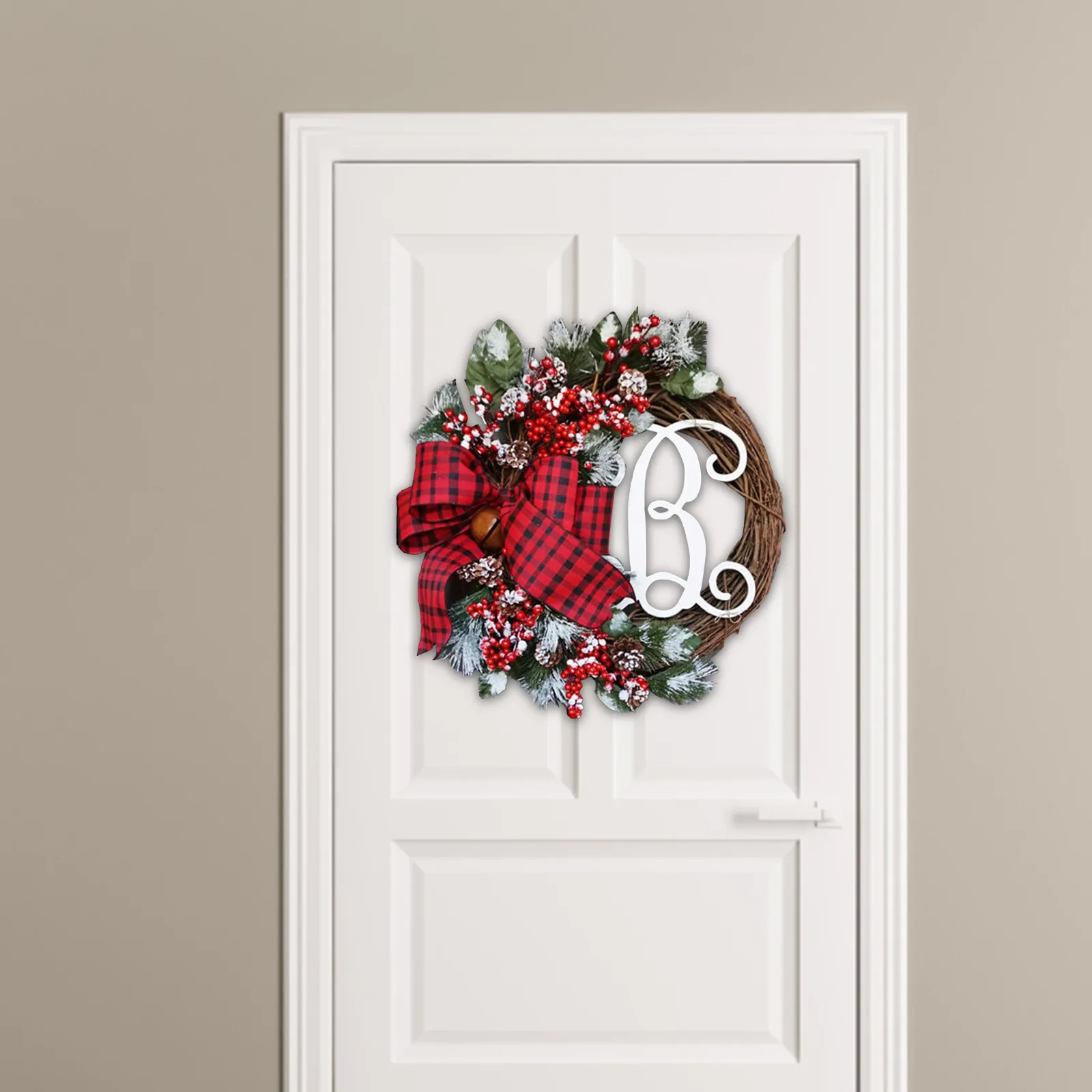 

American Christmas decoration letter B wreath simulation red fruit vine circle door hanging wreath red plaid bow wreath