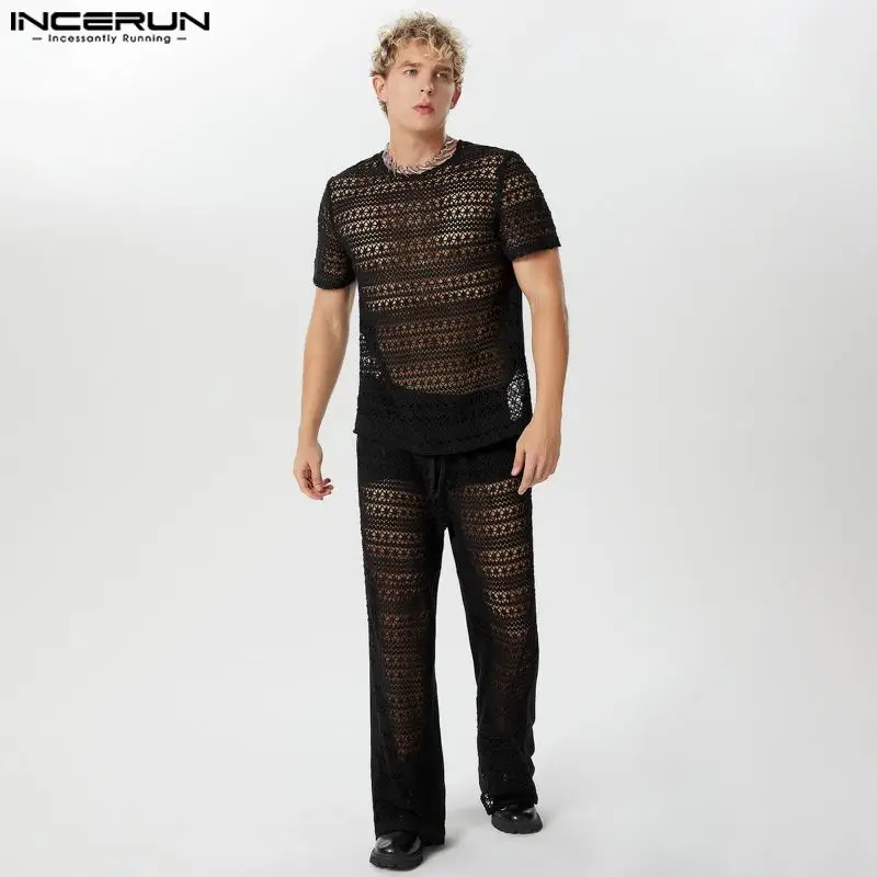 INCERUN Men Sets Lace Transparent O-neck Short Sleeve T Shirt & Pants Two Pieces Sets Streetwear 2024 Sexy Fashion Men's Suits