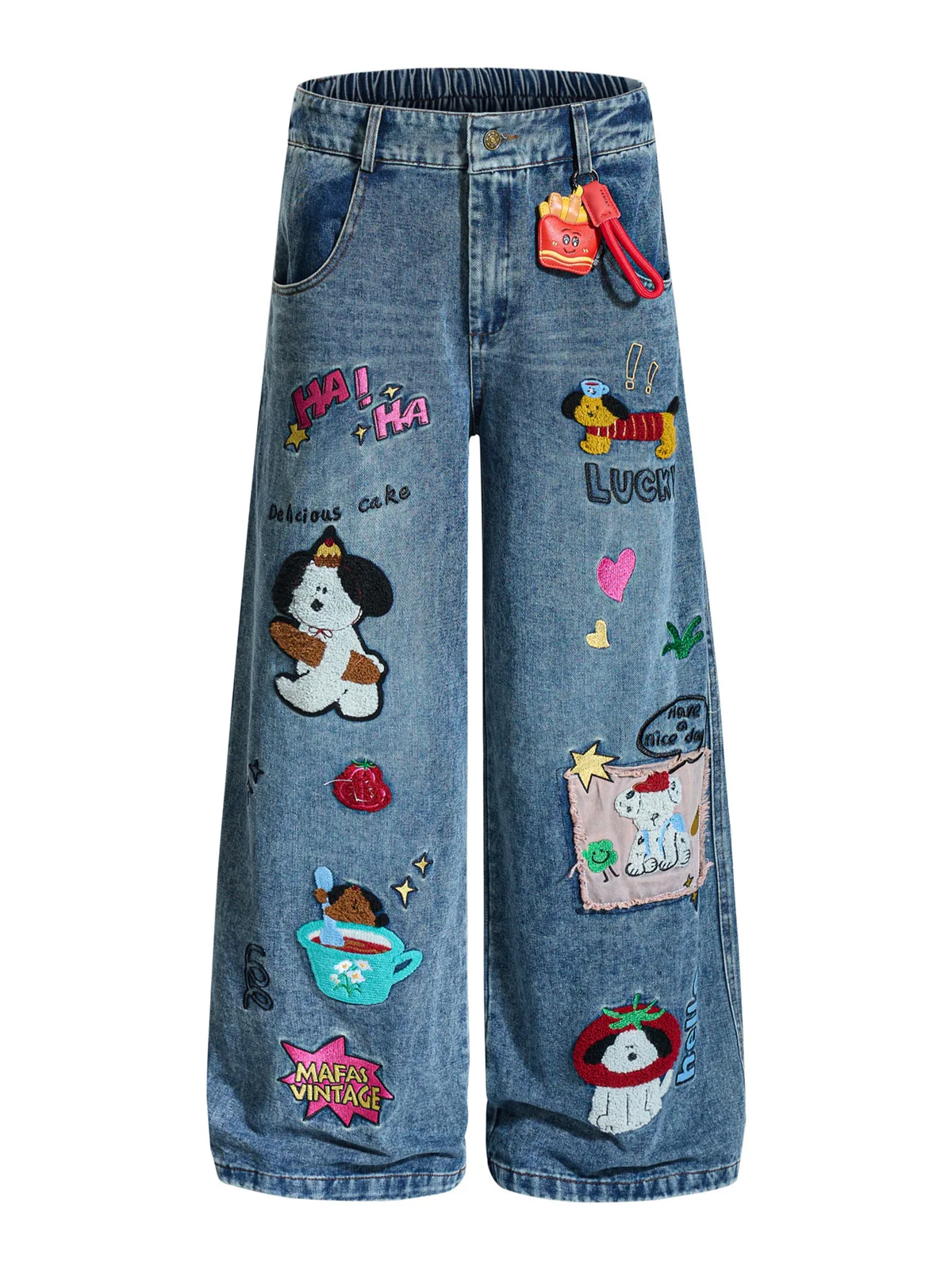 

Fun Cartoon Waed Straight Leg Jeans Women's Loose BF Trendy Streetwear Floor-Length Pants Casual mid Waist Cotton Jeans