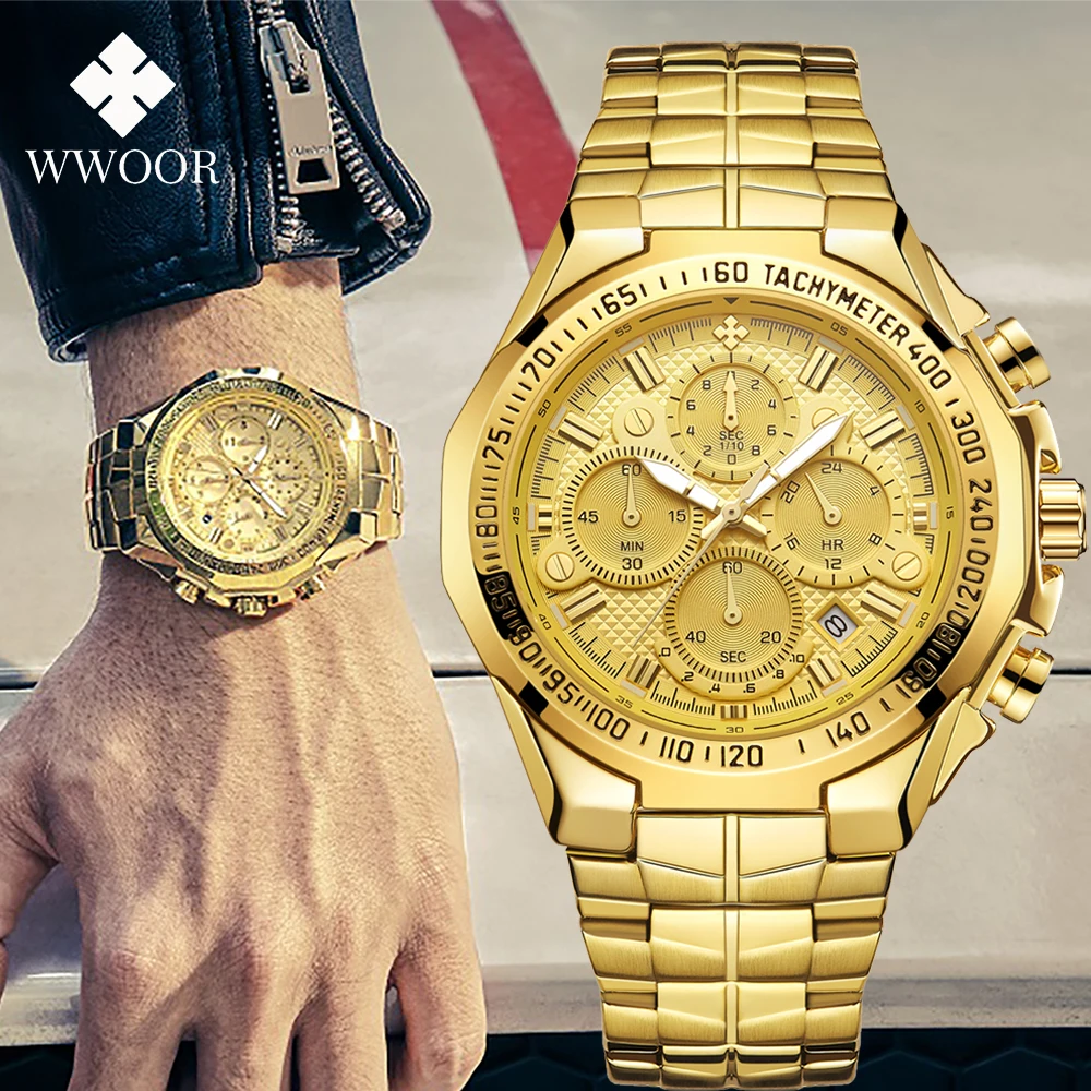 WWOOR Luxury Brand Gold Watches For Mens Waterproof Quartz Sports Wrist Watches Fashion Chronograph Male Clock Relogio Masculino