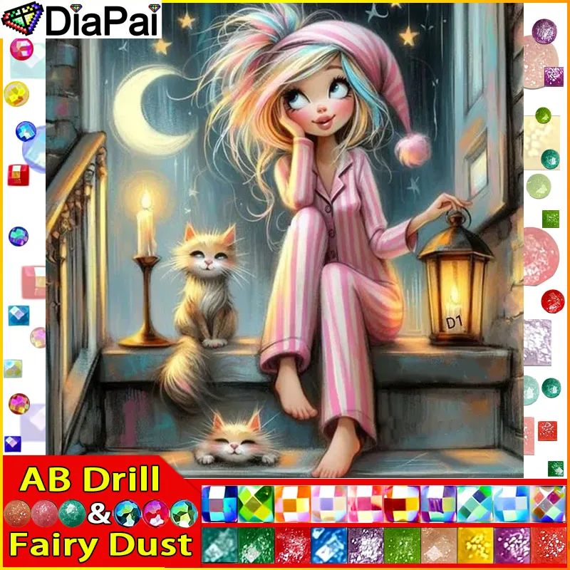 

DIAPAI Fairy Dust AB DIY 5D Diamond Painting "Woman Cat Lamp" Full Diamond Embroidery Sale Picture Of Rhinestones For Festival
