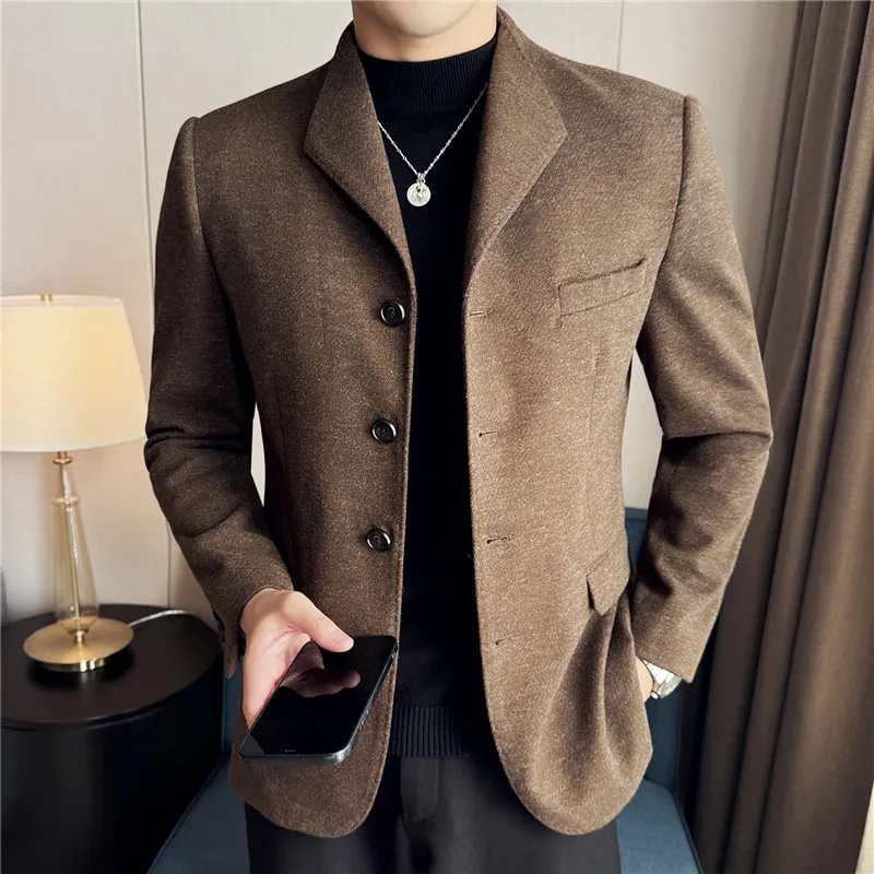 

British Style Woolen Suit Jacket for Men Autumn Winter Gentleman Swallow Collar Dress Coat Casual Business Social Blazers