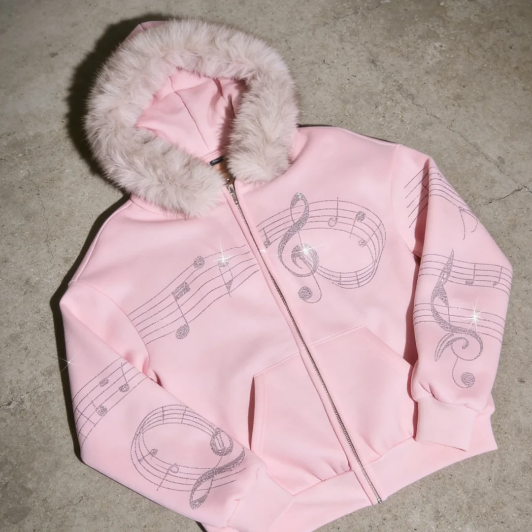 Women's Casual Daily Outerwear Pink Embellished Music Score Print Faux Fur Trim Hooded Full Zip Sweatshirt 2026 - view 4