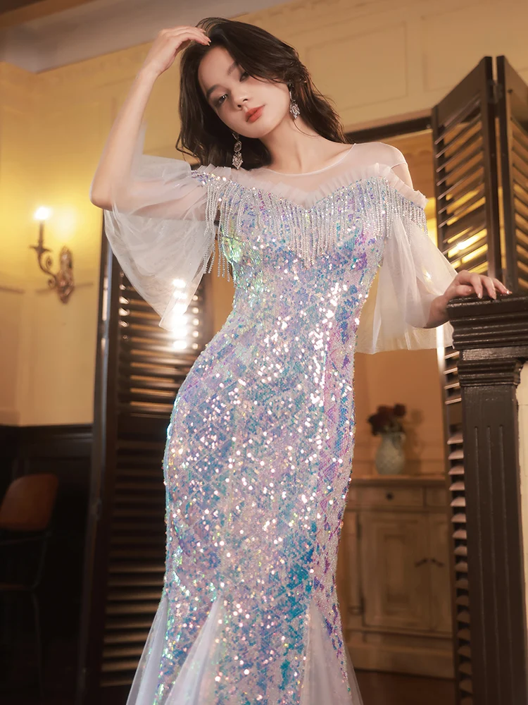 

Ele Sequin Fi Tail Evening Gown Women's Heavy Work Year End Ceremony Host High-End Fairy Design Sparkling Cus Made