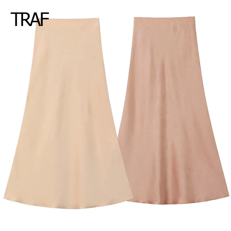 TRAF Midi Satin Skirts Women's Skirt Summer High Waist Long Side Zipper Skirt Korean Style Skirt Elegant Designer Skirts Luxury