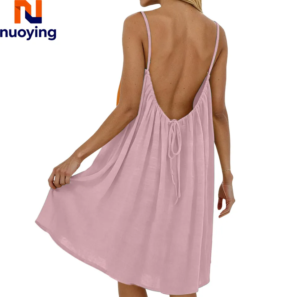 Vestido, estilo relajado de vacaciones europeo y americano, vibra elegante de espalda descubierta, nuevo para verano 2026, color liso, tirantes finos, corte A fluido 3