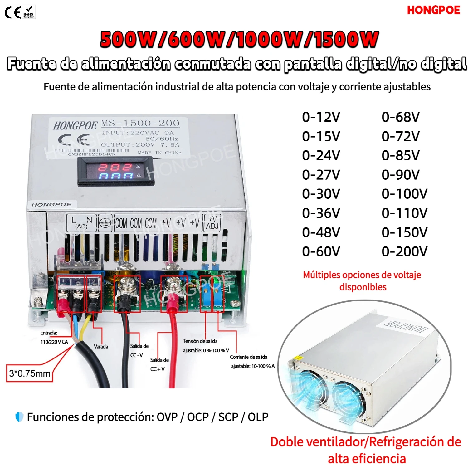 Fuente de alimentación conmutada digital ajustable CE de 500W 600W 1000W 1500W 12V-200V, convertidor AC-DC, para controladores LED, motores CCTV