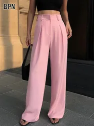 BPN Minimalist Solid Pants For Women High Waist Ptachwork Pockets Casual Pink Loose Wide Leg Trousers Female Fashion Clothes New