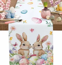 Spring Easter Bunny Colorful Eggs Floral Linen Table Runner Party Decor Farmhouse Kitchen Dining Table Runner Easter Decorations
