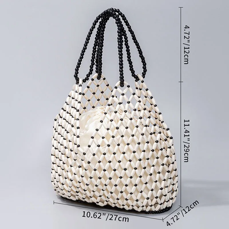 Women Woven Hand Bag Exquisite Design Hollow-out Wooden Bead Shoulder Bag Female Daily Shopping Handbag - view 2