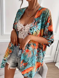 2026 Large Plus Size Print Beach Cover Up Short Sleeve One Piece Kimono Women Swimwear Female Bathing Suit Beachwear Swimming