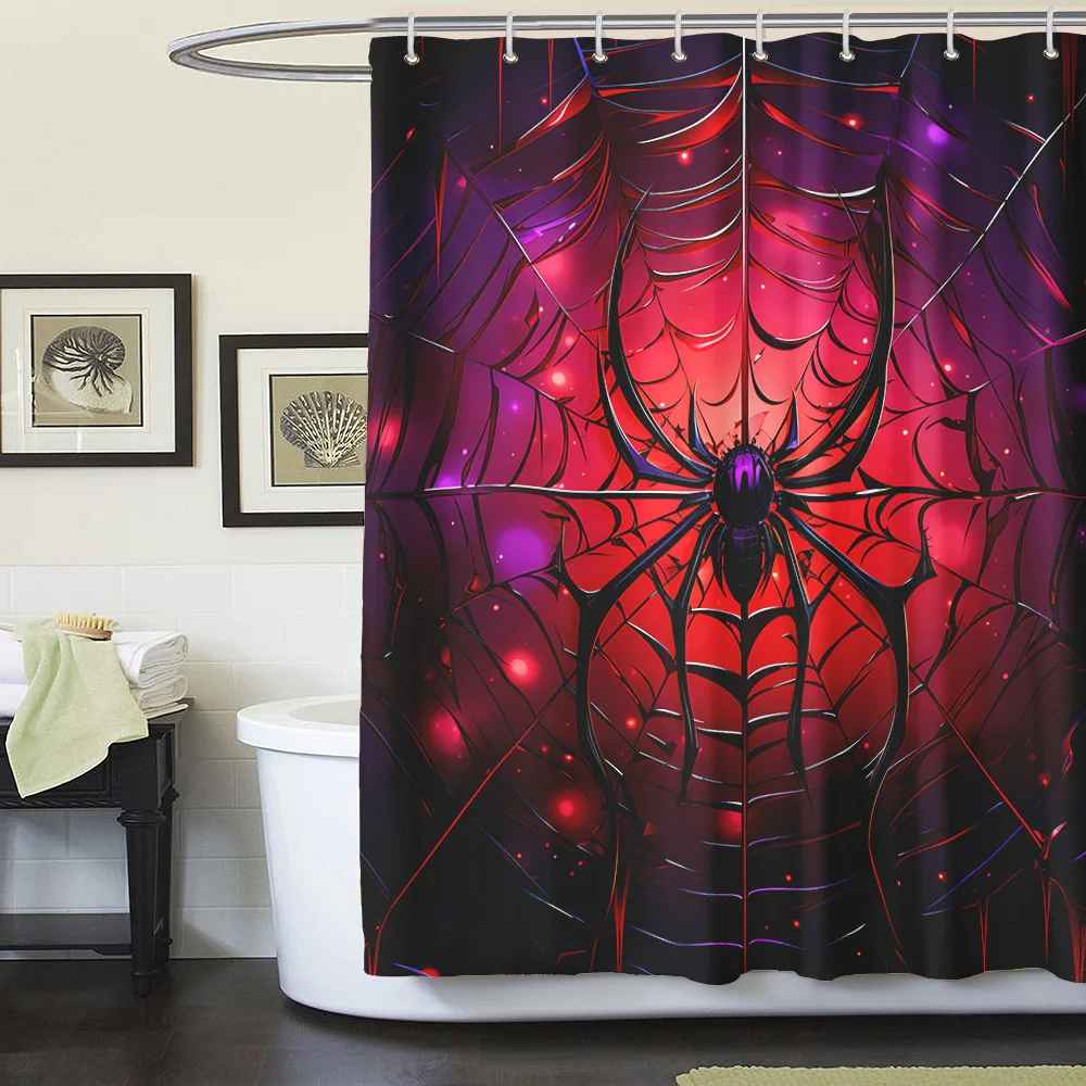 4pcs Bloody Spider, Spider Web, Cool Print Pattern Shower Curtain Set, Waterproof Shower Curtain with 12 Hooks, Non-Slip Bath