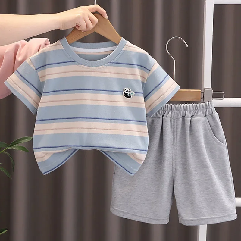 

2Piece 2025 Summer Toddler Boy Clothes Korean Casual Fashion Stripe Baby Tops+Shorts Kids Boutique Clothing Children's Sets B159